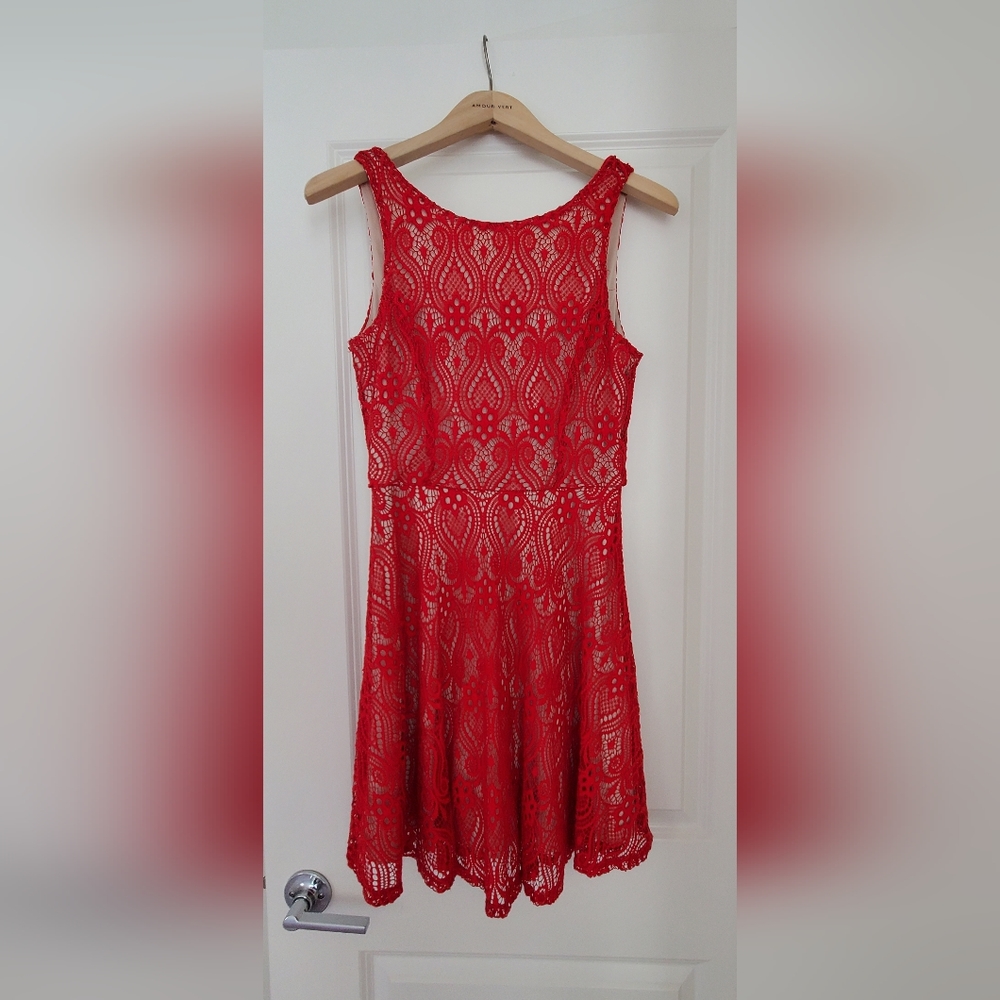 M Speechless Red Lace Dress with Nude Ubderlay
